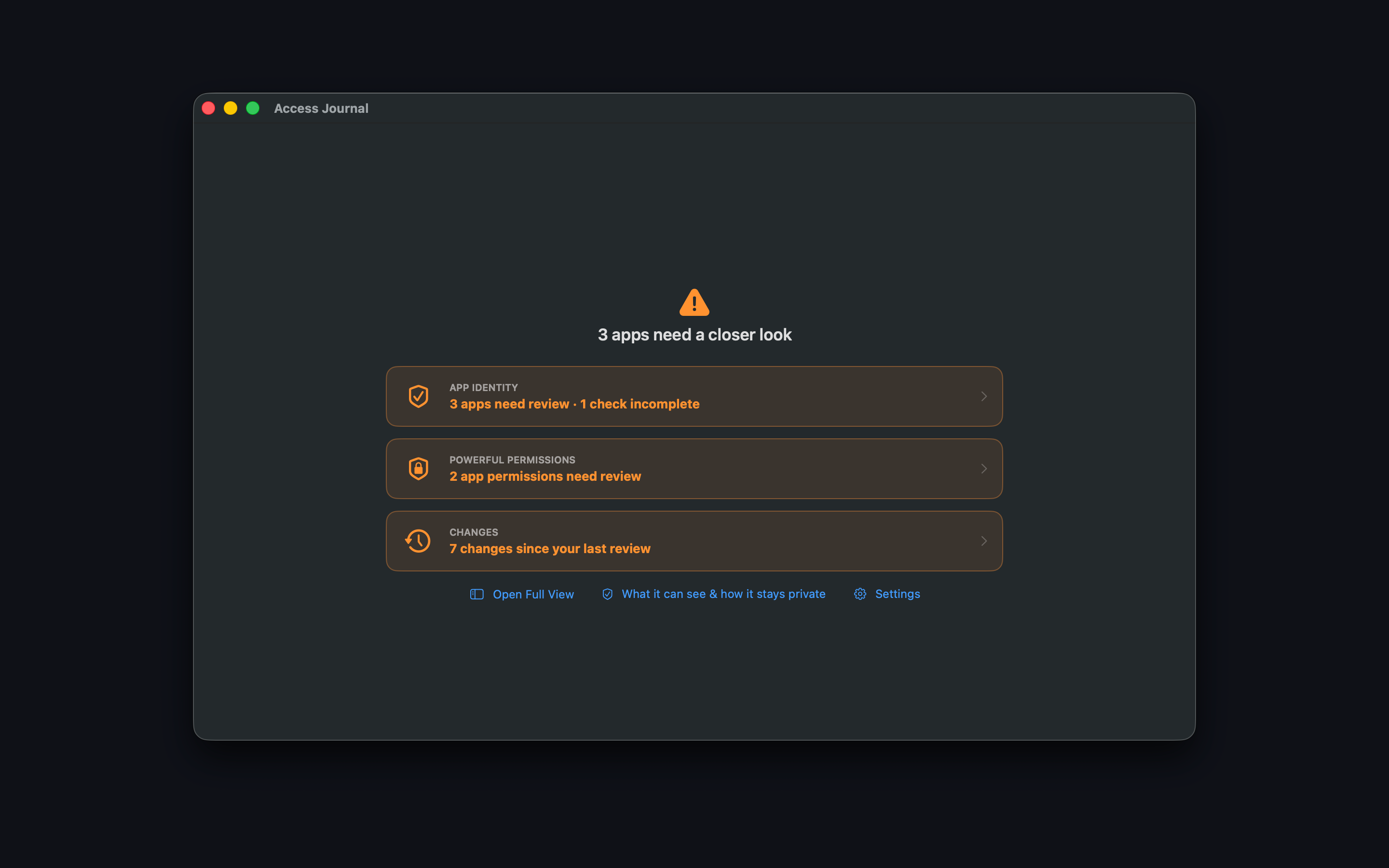 Access Journal Overview showing App Identity, Powerful Permissions, and Changes
